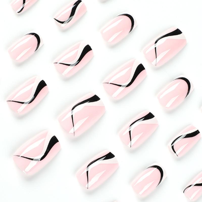 24 Teile/satz Schnelle Nägel Schwarz Und Weiß Französisch Wellen Falsche Nials Aufkleber Tragbare Wasserdichte Maniküre Fertige Nägel