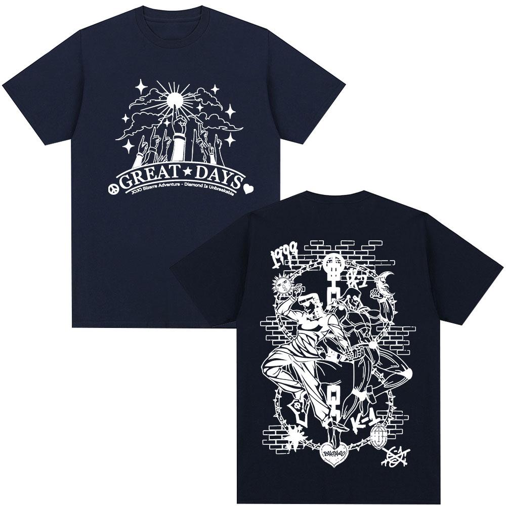 Anime Jojo Bizarre Adventure Higashikata Josuke Great Days T Shirts Unisex Casual Cotton Y2K Short Sleeves Oversized Top Streetwear