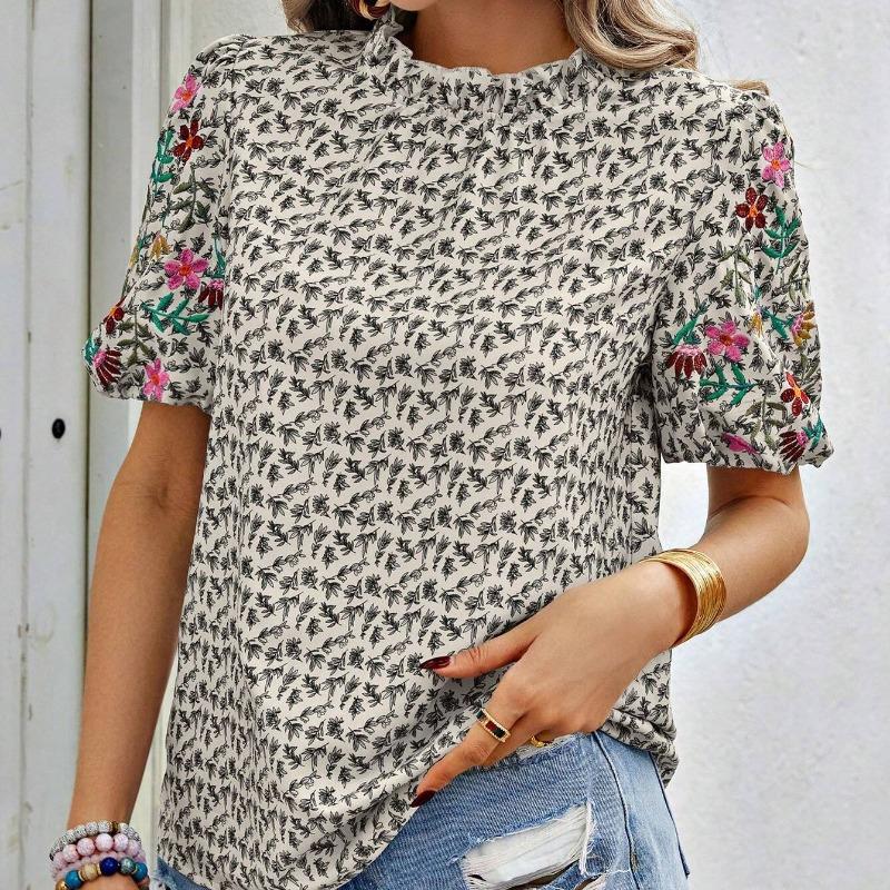 Summer New Embroidered Printed Loose Women's Shirts Short Sleeve Fashion Elegant Blouse Women Tops Stand Collar Slim Fit Shirt Female Clothing 26429