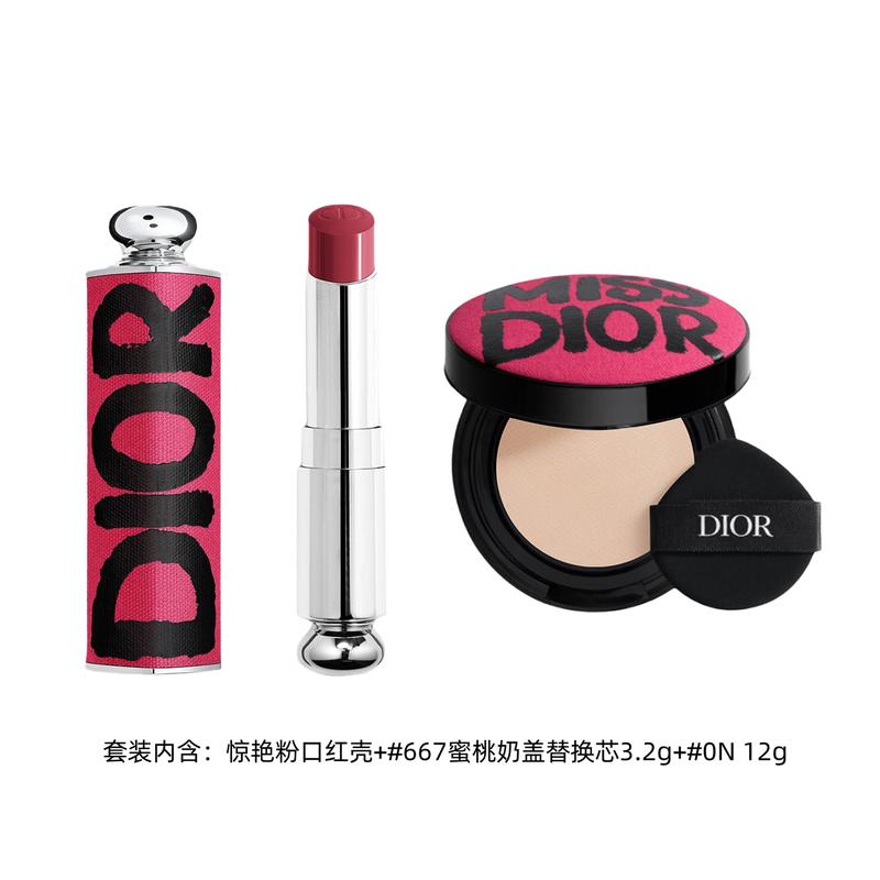 Dior Stunning Pink Limited Satin Lock Cushion Charm Lipstick Makeup Set Creamy Skin Silky Natural Boosting Color Lipstick #667+Refill #0N
