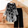 Geometric Print Two Piece Outfit Women Long Sleeve Irregular Hem Tunic Top Wide Leg Pants Casual Matching Set