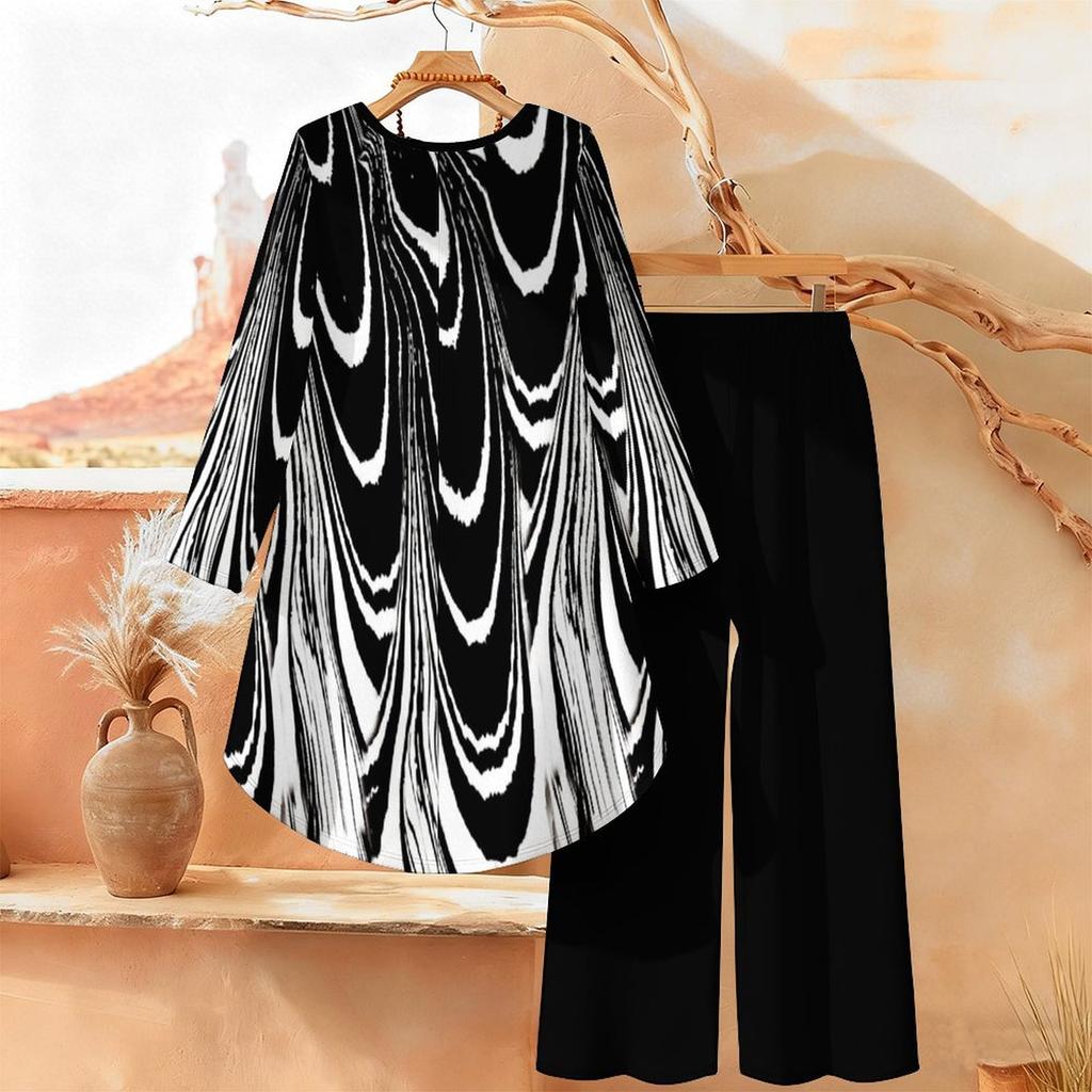 Geometric Print Two Piece Outfit Women Long Sleeve Irregular Hem Tunic Top Wide Leg Pants Casual Matching Set