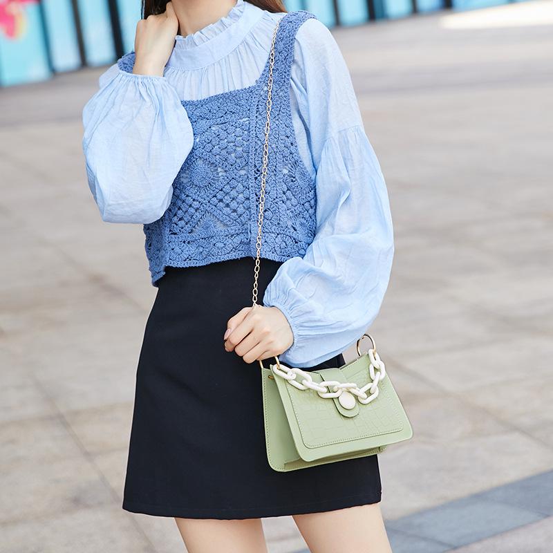 Crocodile Pattern Women's Small White Bag with Button and Chain