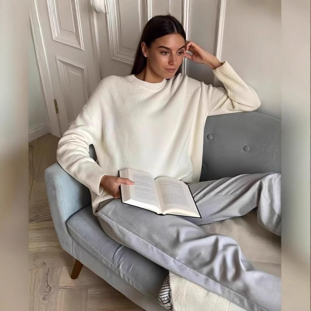 Einfarbiger Rundhals-Pullover für Damen | Weiches Strickoberteil | Lässige lockere Passform