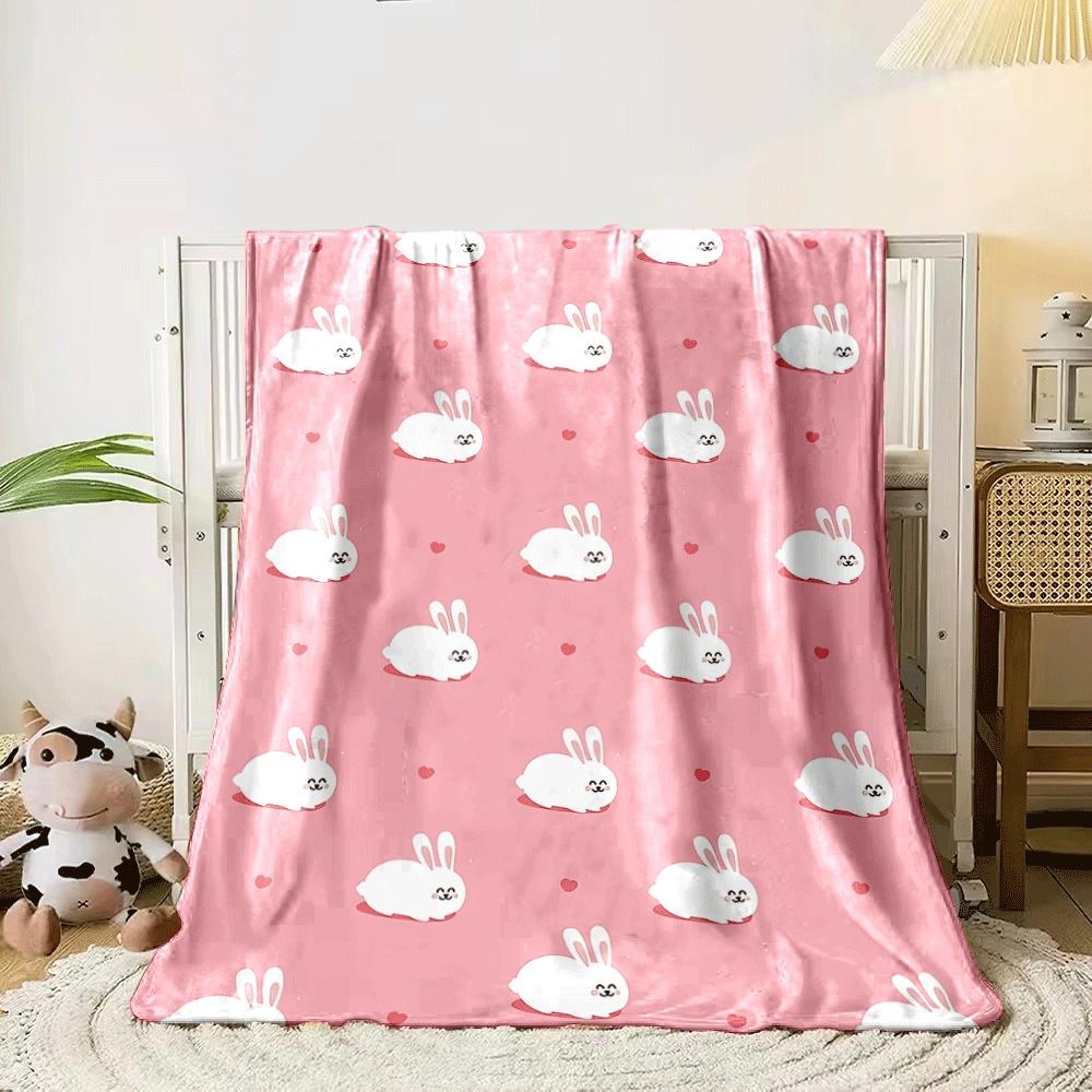 White bunnies and small hearts on pink background, repeating in rows. for all seasons blanket lunch break throw gift 80cm x 120cm
