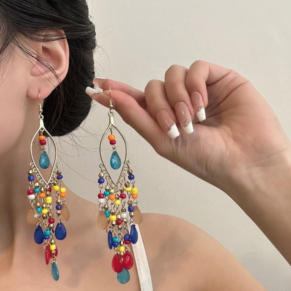 Bohemian Tassel Earrings for Women Colorful Beads Sweet Versatile Style Vacation Retro Color Ethnic Style Earring Accessories
