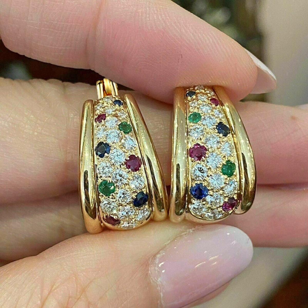 Multicolor Stone Pave Set Curved Hoop Earrings Vibrant Elegant Design Women Jewelry