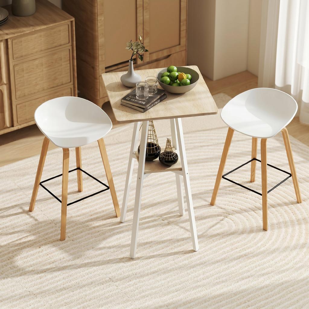 Square bar table for 2 people, high kitchen standing table with shelf, 55 x 55 x 95 cm, natural and white