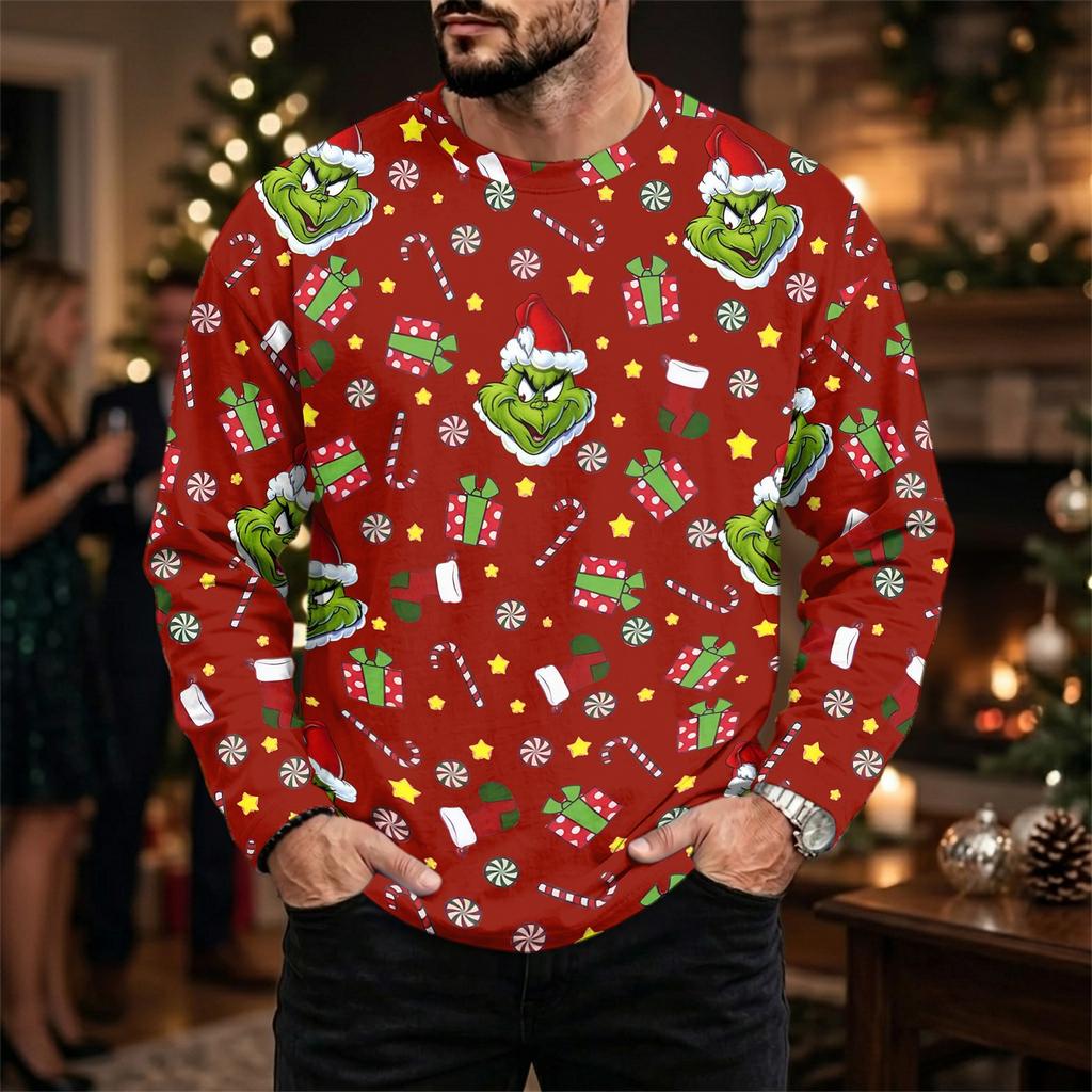 Men's Plus Size Loose Fit Casual Neck Long Sleeve T-Shirt with Christmas Print for Fall and Winter