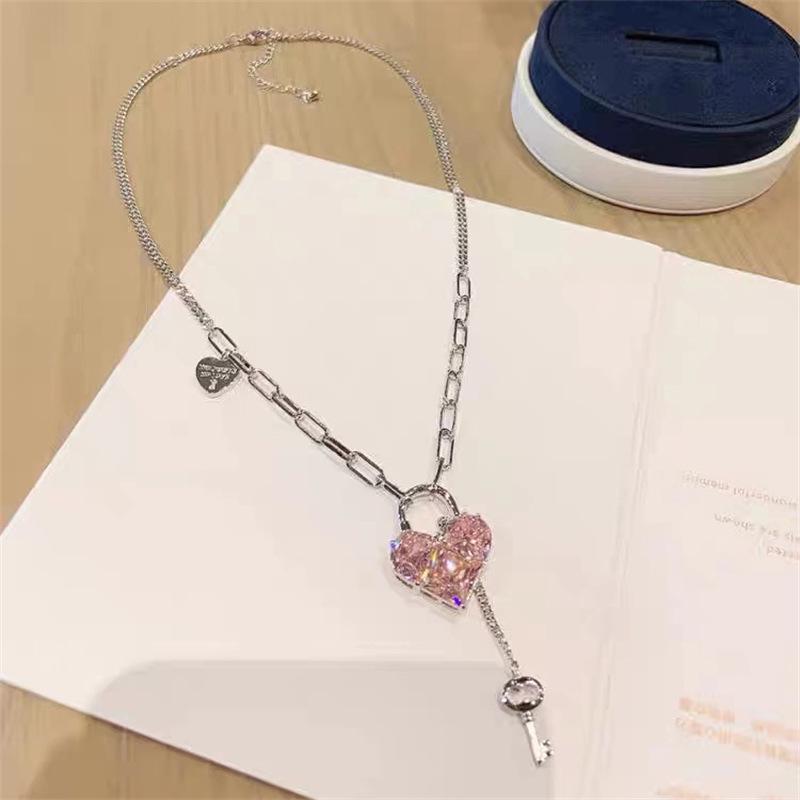 Silver Heart Padlock Necklace with Pink Zircon - Thick Chain & Girly Cool Style With Key