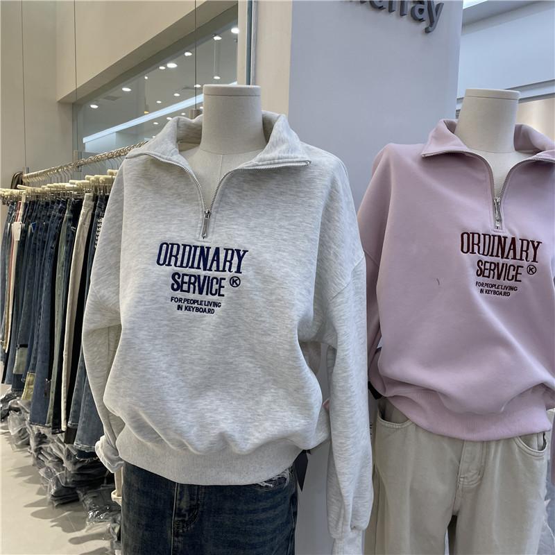Women's Stand Collar Long Sleeve Sweatshirt Loose Fit Half Zip Pullover Letter Embroidery Casual Top