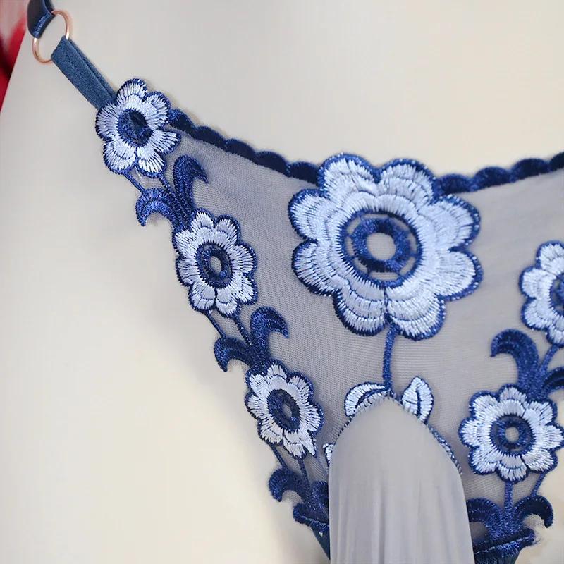 75 kg Große Größe Sissy Pouch Höschen Verstellbarer Bund T-Hose Transparente Stickerei Niedrige Taille G-String Kugel Trennung Dessous