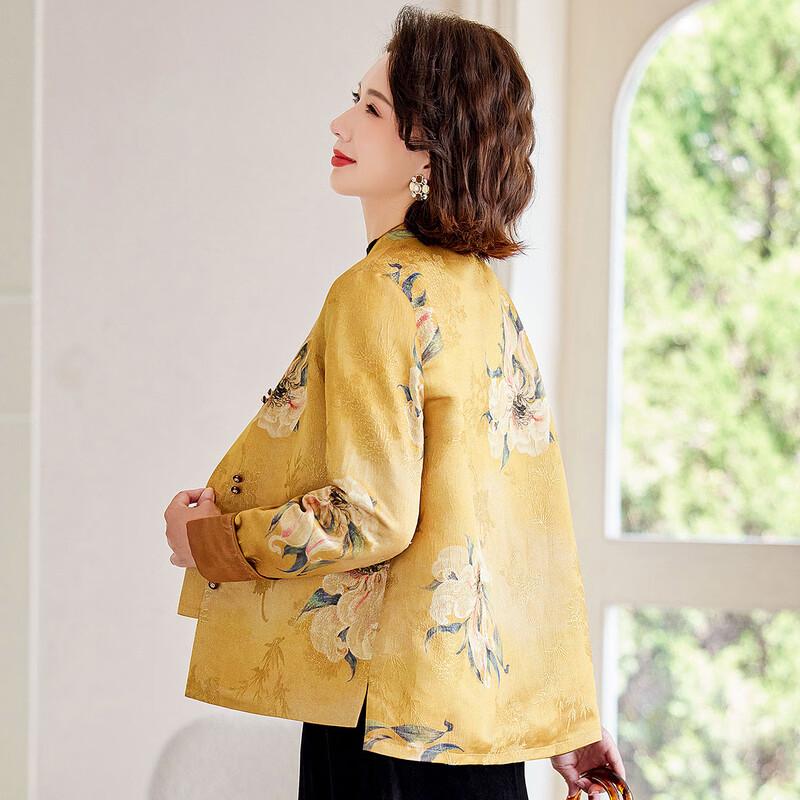 Pasite Autumn Chinese Style Floral Print Stand Collar Coat