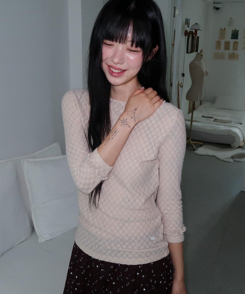 SOME PLACE Wrinkle Frill Point Boat Neck Semi-Slim 3/4 Long Sleeve T-Shirt_3 Colors