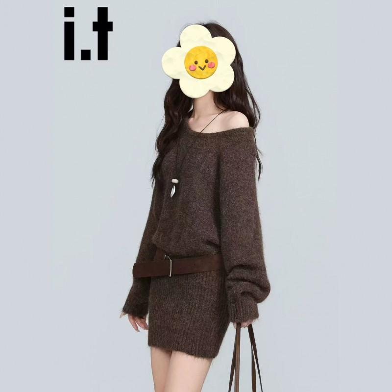 Womens Off-Shoulder Long Sleeve Knit Dress Slim Fit Casual Winter Sweater With Waist Belt