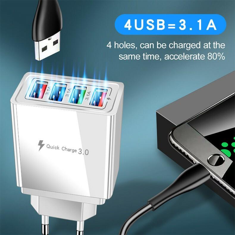 Fast Charging USB Multi-Port Power Adapter, 4-Port Wall Charger for Smartphones and Tablets with Quick Charge 3.0