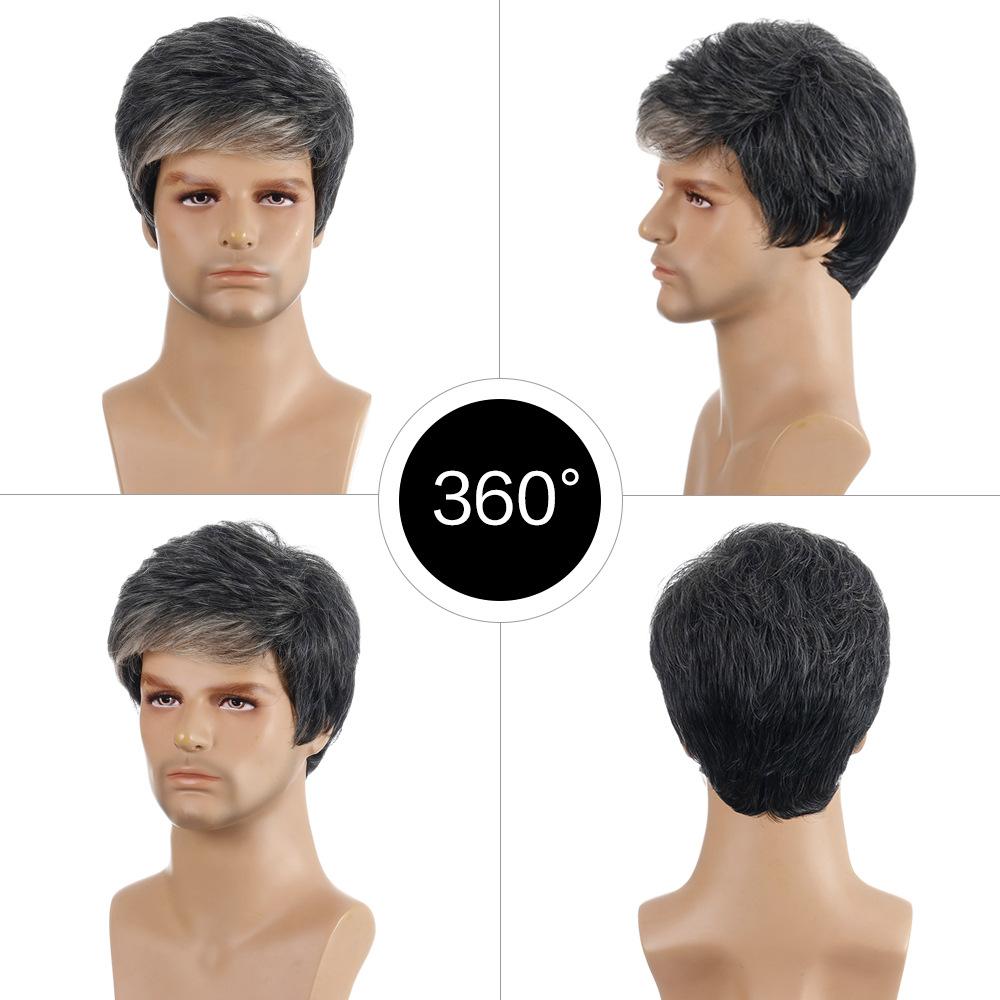 

Мужские короткие волнистые синтетические многослойные парики с челкой, смешанные черно-серые волосы, повседневный парик для вечеринок и косплея, термостойкое волокно