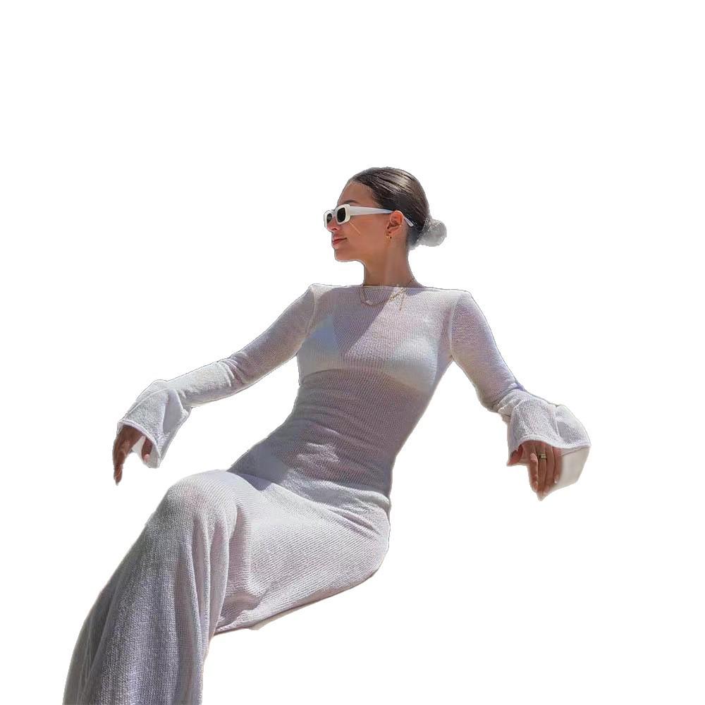 Summer Women's Beach Long Sleeve Backless Dress with Sun Protection