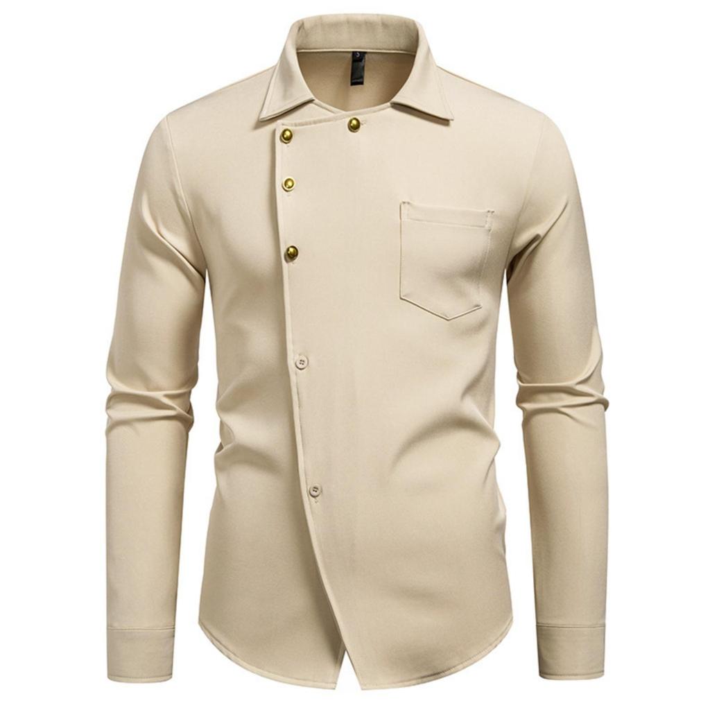 Men's Casual Solid-color Long-sleeved Shirt, Men's Slanted Button Slim Lapel Shirt