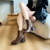 Fleece square head short boots women's winter new splicing women's leather boots mid-heel side zipper women's boots