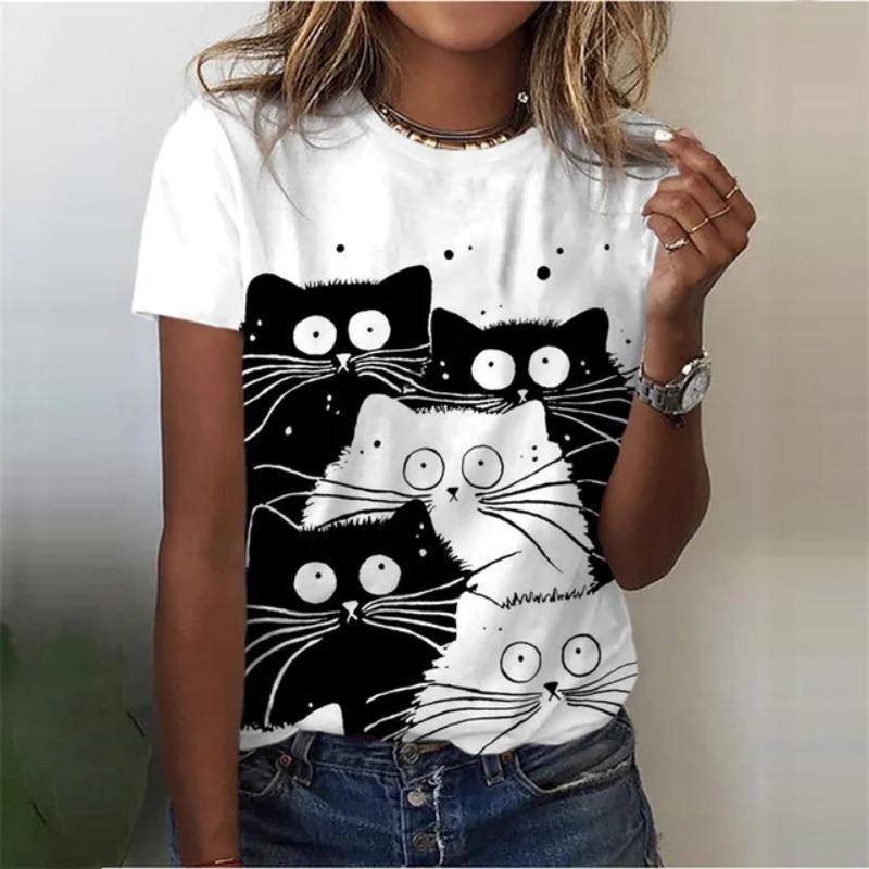 3D Printed Funny Animal T-Shirt for Women Cute Cat Graphic T Shirts Summer Harajuku Round Neck Tops Short Sleeves Loose Tees