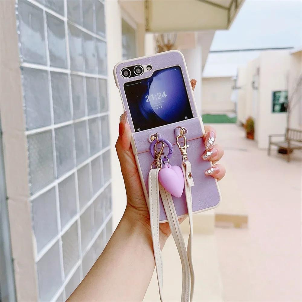 Leather Crossbody Love Pendant Phone Case for Samsung Galaxy Z Flip 6 5 4 3 Flip5 Flip4 Flip3 5G Protective Shockproof Cover