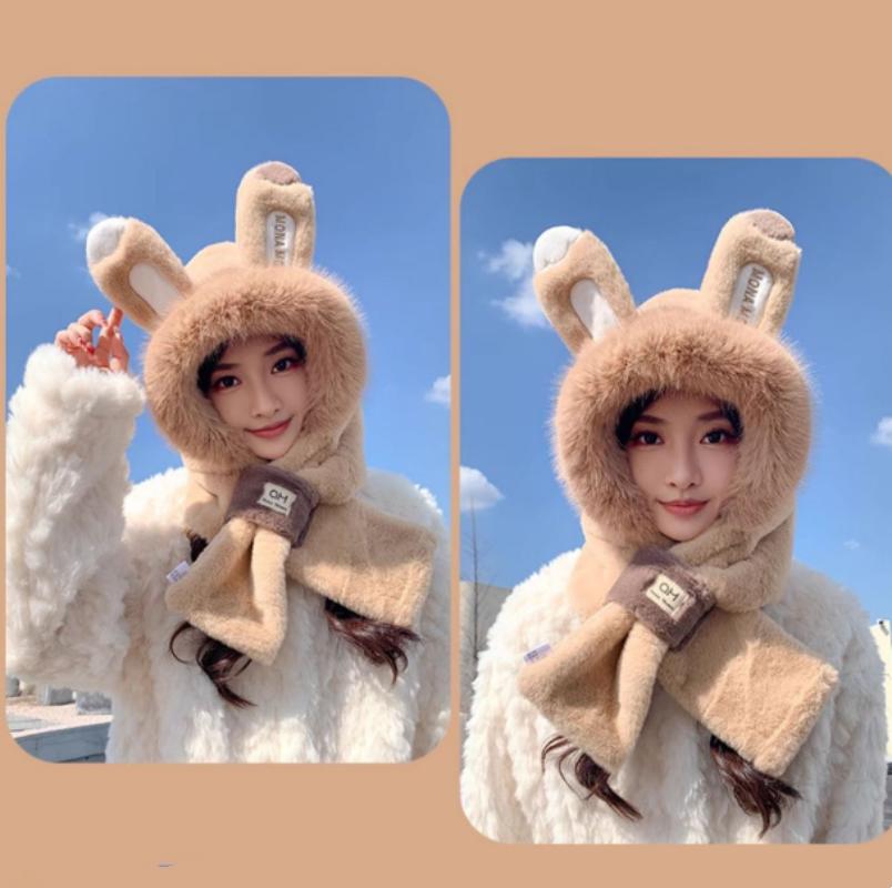Winter Cute Hat Scarf Integrated Hat Women Thickened Hat Winter Cute Plush Furry Plus Scarf Two-piece Set Warm Windproof Hat