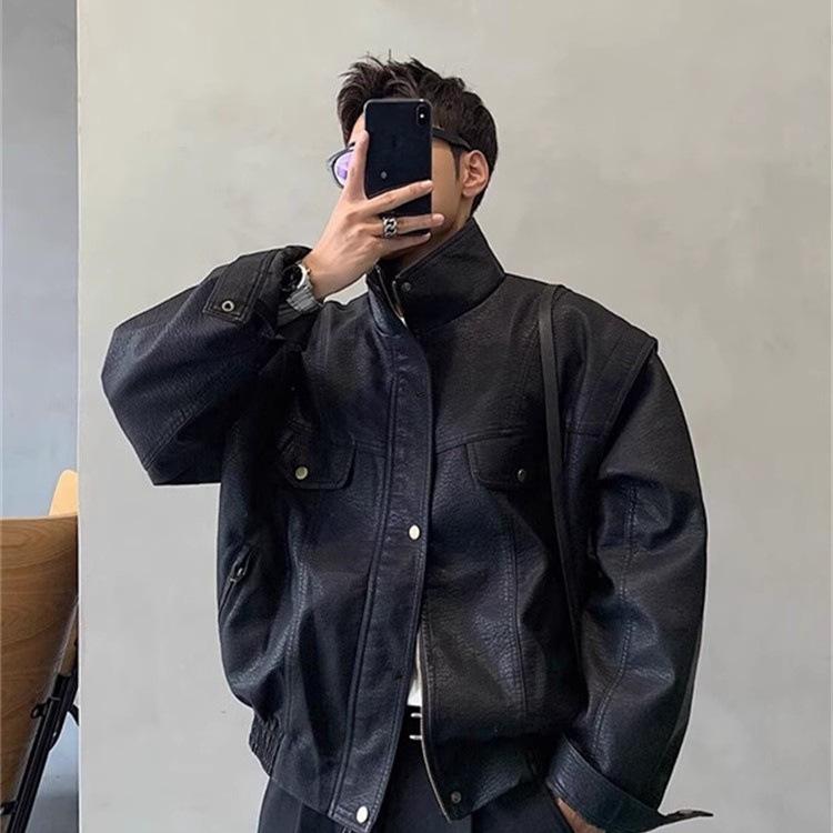 Unisex Loose Lapel PU Leather Motorcycle Jacket - Spring/Autumn Matte Litchi Texture Short Coat