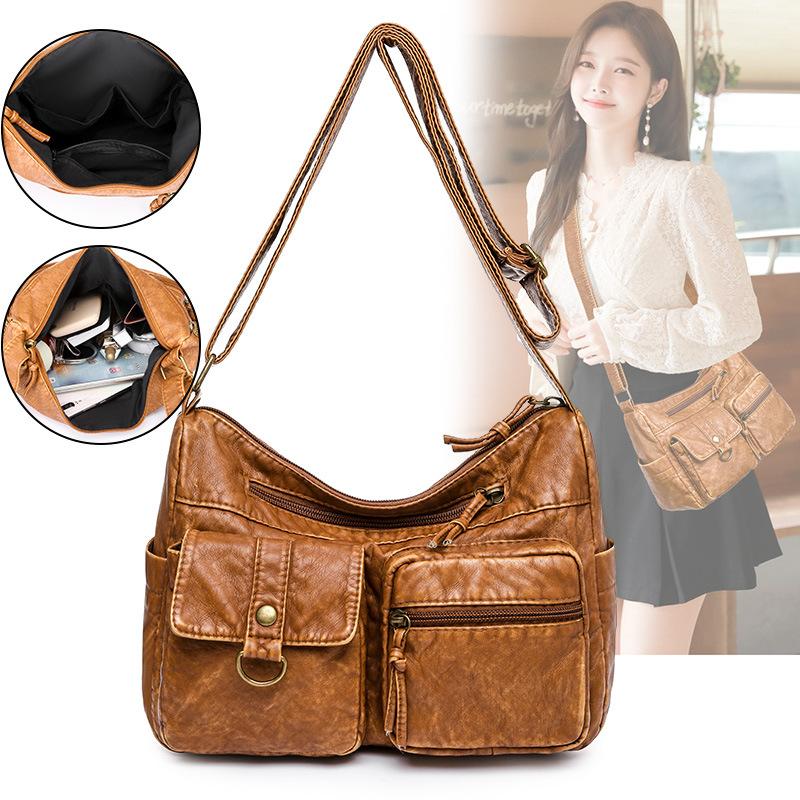 Vintage Women Shoulder Bag Large Capacity Crossbody Bag Soft Washed Leather Messenger Bag Multi Pocket Casual Tote Purse