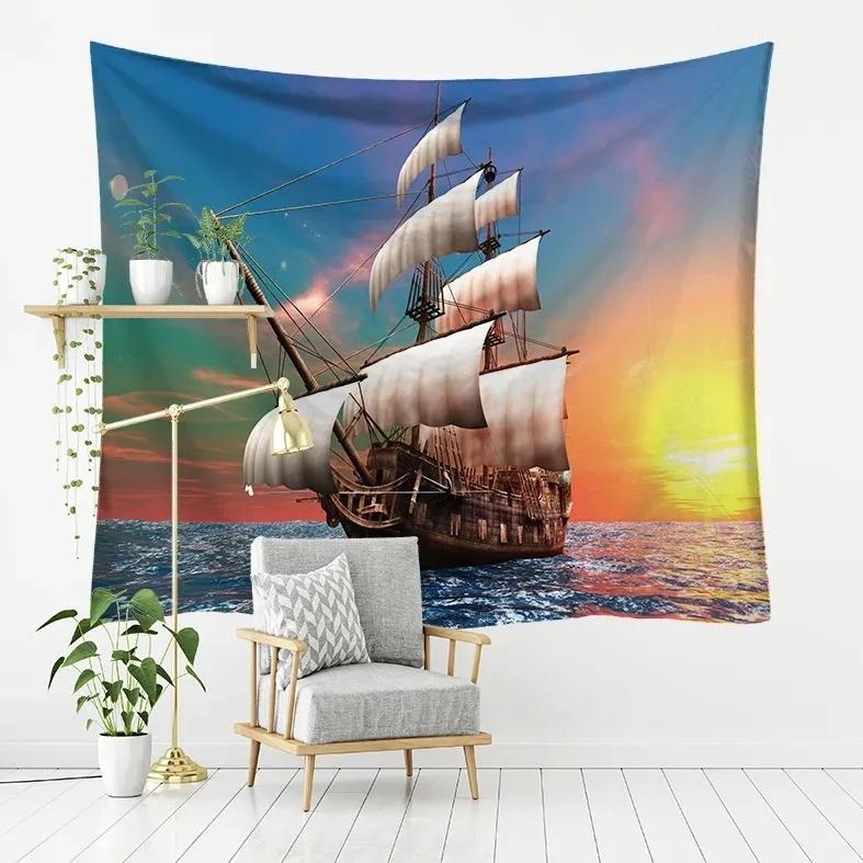 Wave Beach Boat Pattern Hanging Cloth Home Wall Decoration Tapestry Bedroom Living Room Tapestry