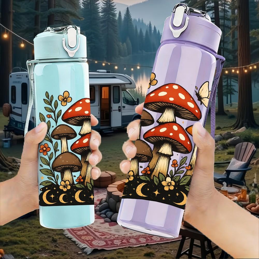 1PC Wild Mushroom Forest Scene Print 750ml Color Plastic Sports Water Bottle Leakproof Flip Straw Lid For Sports Office Home Use