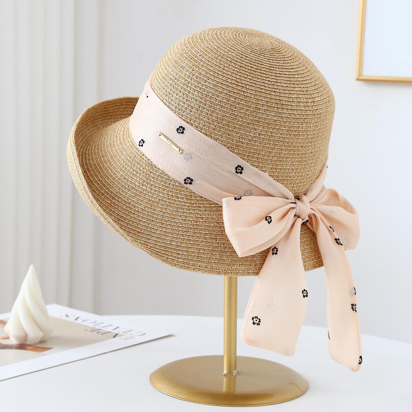 

French Floral Bow Bucket Hat for Women Spring Summer Beach Vacation Travel Wide Brim Sun Hat Fashionable Headwear 56-58cm