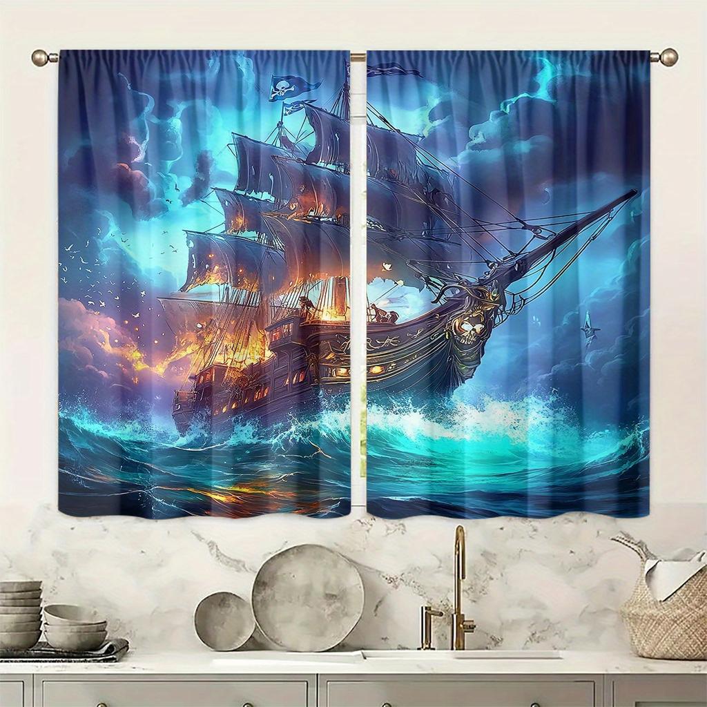 2er Set HD Meereswellen Segelboot Druck Vorhänge - Lichtdurchlässig, Stangentasche Design für Schlafzimmer, Wohnzimmer, Büro Dekor - Langlebig