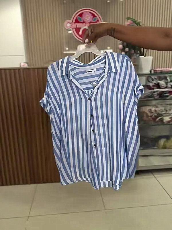 2025 Chic European & American Women's Striped Loose Lapel Short Sleeve Shirt