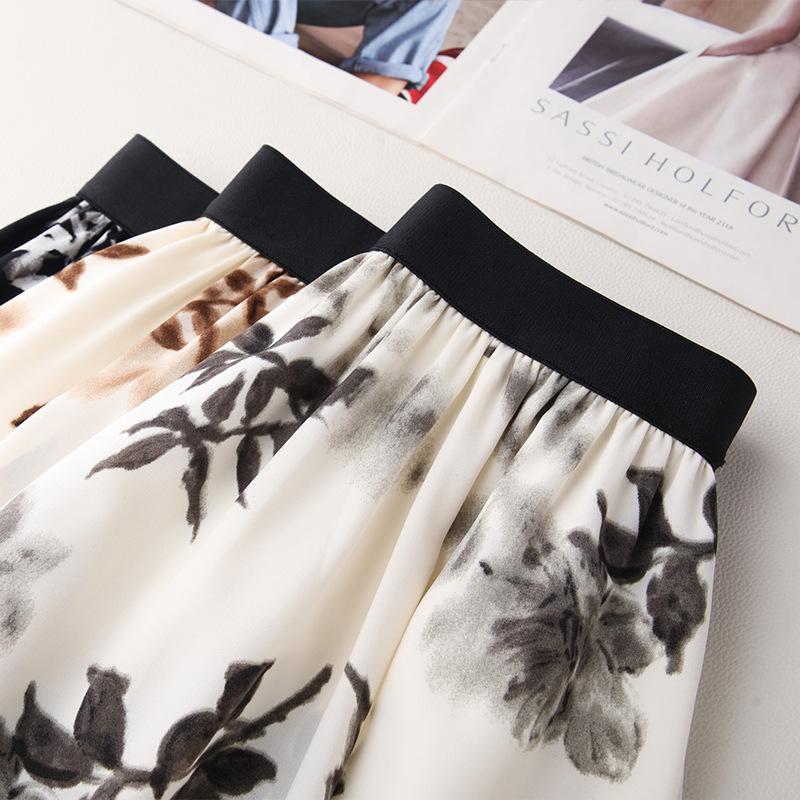 Women's Floral Print Pleated French Chiffon Midi Skirt - Spring/Summer 2025 High-Waist A-Line Design