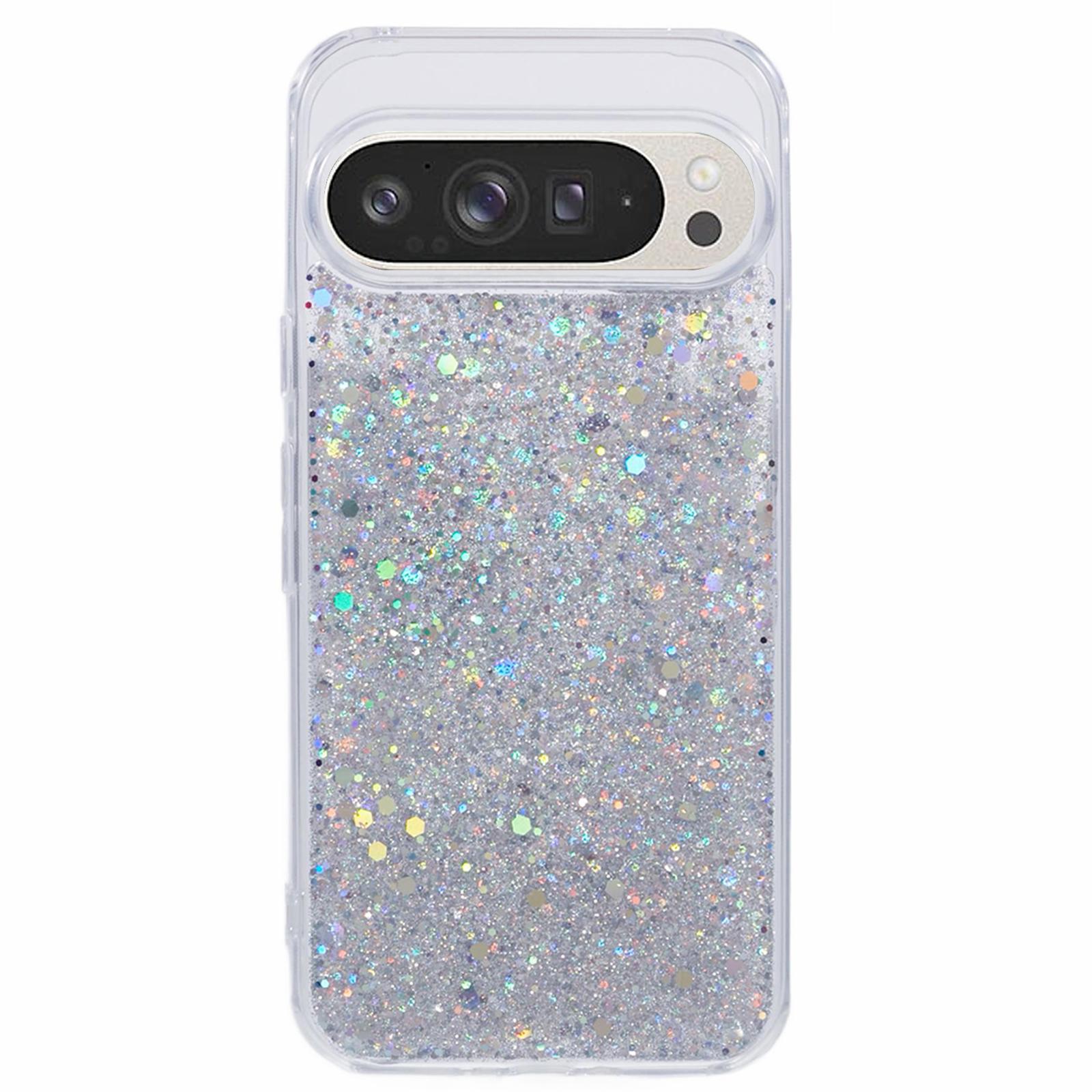 

For Google Pixel 9 Pro XL Case Shockproof Soft TPU Phone Cover Glittery Design Silver