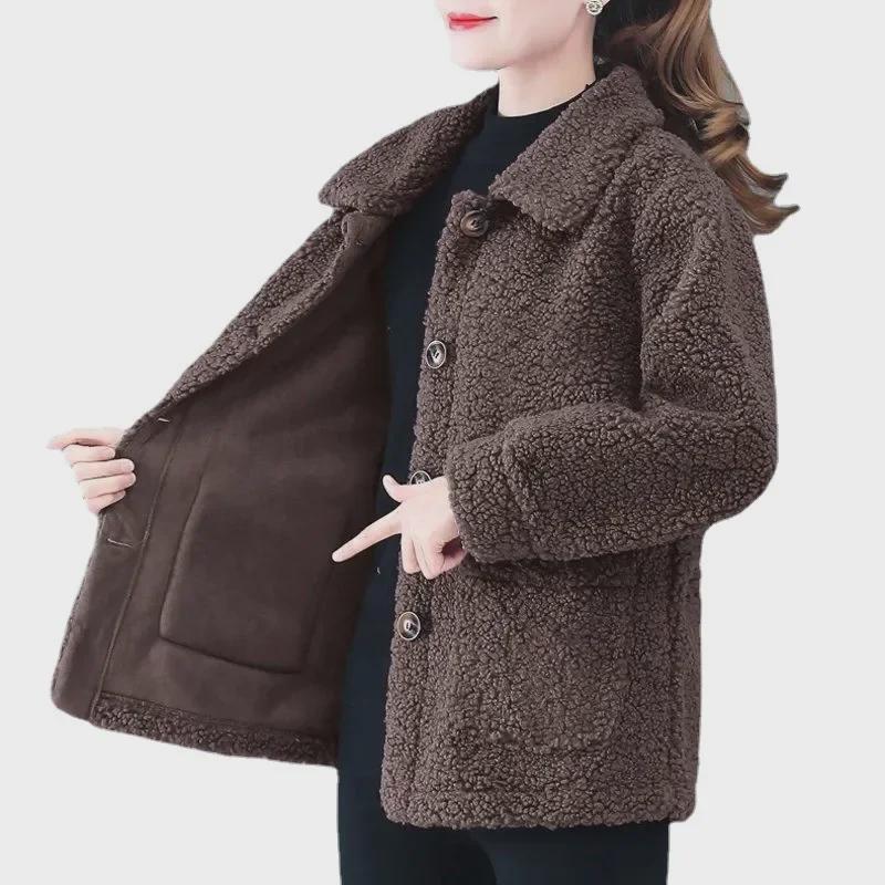 Lambskin Ladies Granular Fleece Cardigan Coat - Autumn/Winter Short Style for Middle-Aged Women
