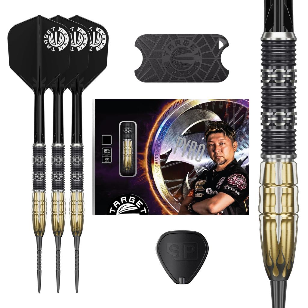 Target Japan PYRO GEN11 Mitsumasa Hoshino Tungsten Darts 6 Shape Flights and SWISS BLACK NANO POINT 30mm 90% Steel-Tip Set, 24g, K-Flex No. Shafts,