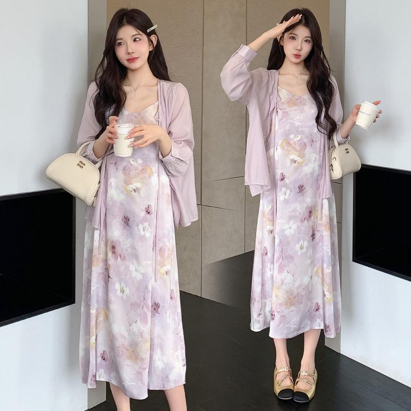 Spring/Summer 2026 Maternity Set: Gentle Purple Floral Strappy Dress with Shirt Cardigan M