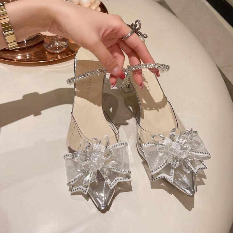 High heels women's summer fashion outer wear pointed rhinestone square buckle transparent word with stiletto slippers