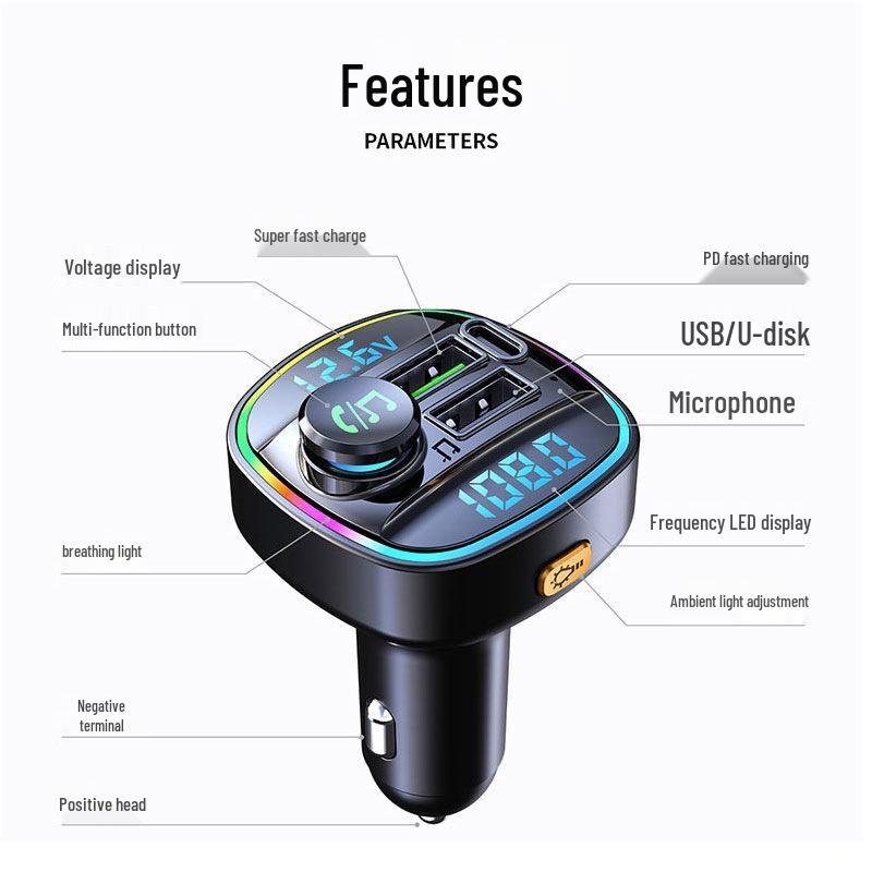 Bluetooth Car MP3 Player with Dual Display, Voltage Detection, and Super PD Fast Charging Cigarette Lighter Adapter