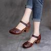 Fashion GKTINOO 2025 Summer New Retro Genuine Leather Shoes Woman Retro Hollow Sandals Female Hook & Loop Thick Heels Women's Shoes