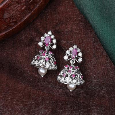 Women's Earrings with Rhodium Plated CZ, Sparkling Jhumki, Pearls and Pink Crystals