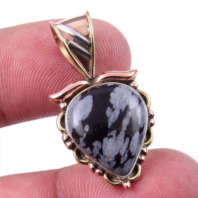 

Natural Snowflake Obsidian Gemstone 925 Solid Silver Two Tone Pendant 1.25 j9O09