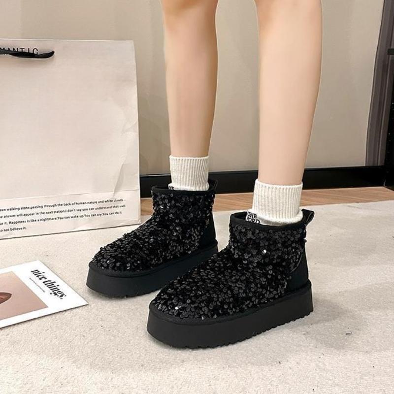 Fashion Sequins Height Increase Woman Shoes Round Toe Booties Plush Chunky Snow Boots for Women Designer Luxury Y2k Goth Warm Footwear