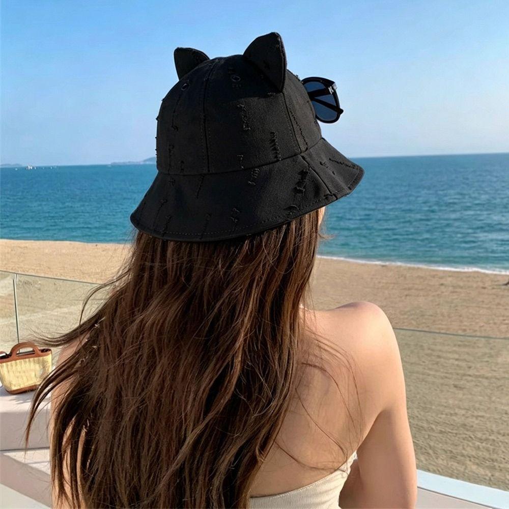 Cotton Fisherman Hat Cute Ear Sun Hat Fashion Cat Ears Hat  Women