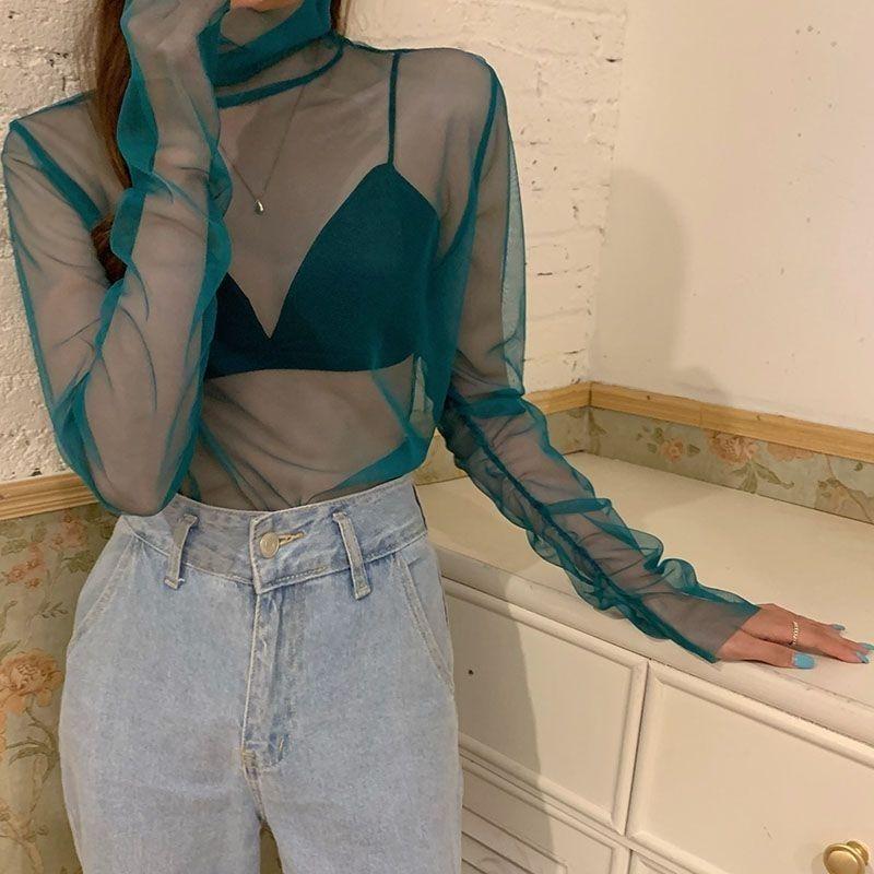 Inneres Basisshirt Elastisches Mesh Sonnenschutz-Top T-Shirt mit hohem Kragen Damen Western-Stil Spitze Transparent Super Fee