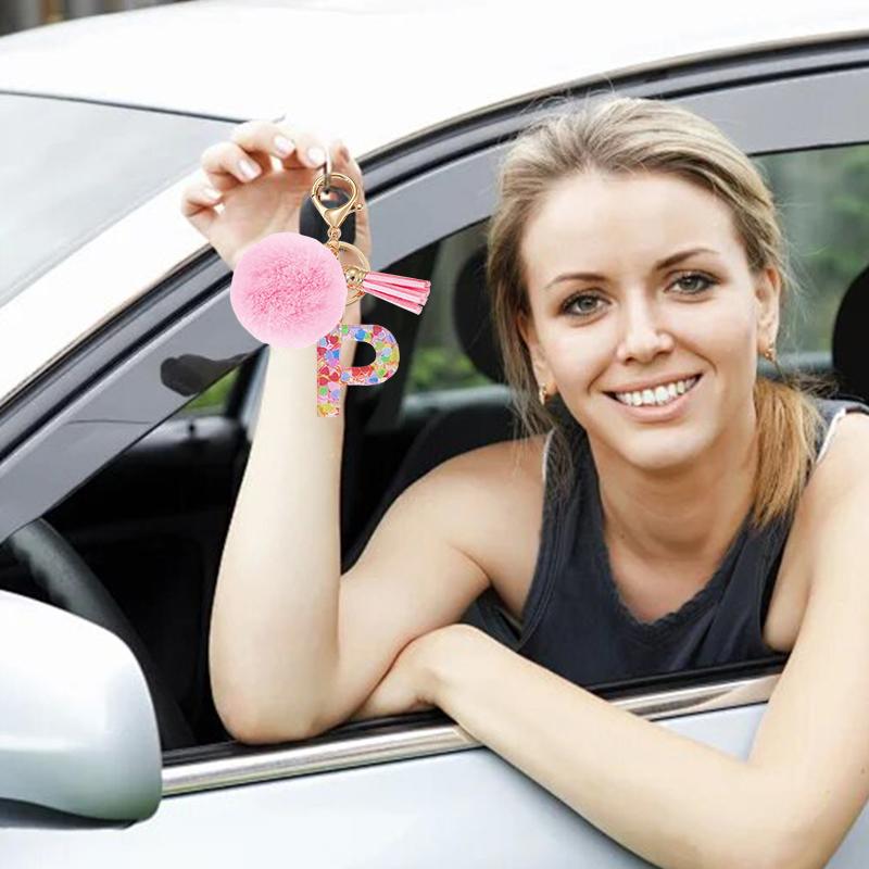 1 Stück Schlüsselanhänger Bunt A-Z Geschenk Quaste Schlüsselzubehör Legierung Flauschiger Schlüsselanhänger Initialanhänger Für Taschen Rucksäcke Glitzer