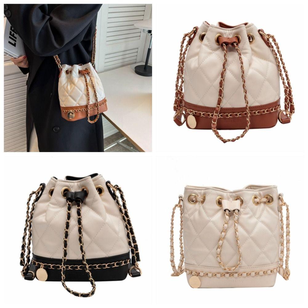 

Мини-сумка-ведро с ромбом и металлической цепочкой, модная женская сумка через плечо из искусственной кожи чёрный