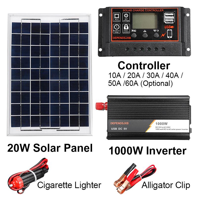 Solar Panel Power System Kit 220V//1000W Inverter 12V//18V Battery Charger USB Out